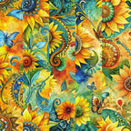 sunflower, butterfly, paisley, swirls, golden yellow, turquoise blue, orange, green, floral pattern, decorative motifs,, fabric panel, nature design, botanical elements, ornamental swirls, vibrant colors, summer theme, artistic florals, detailed pattern, whimsical design