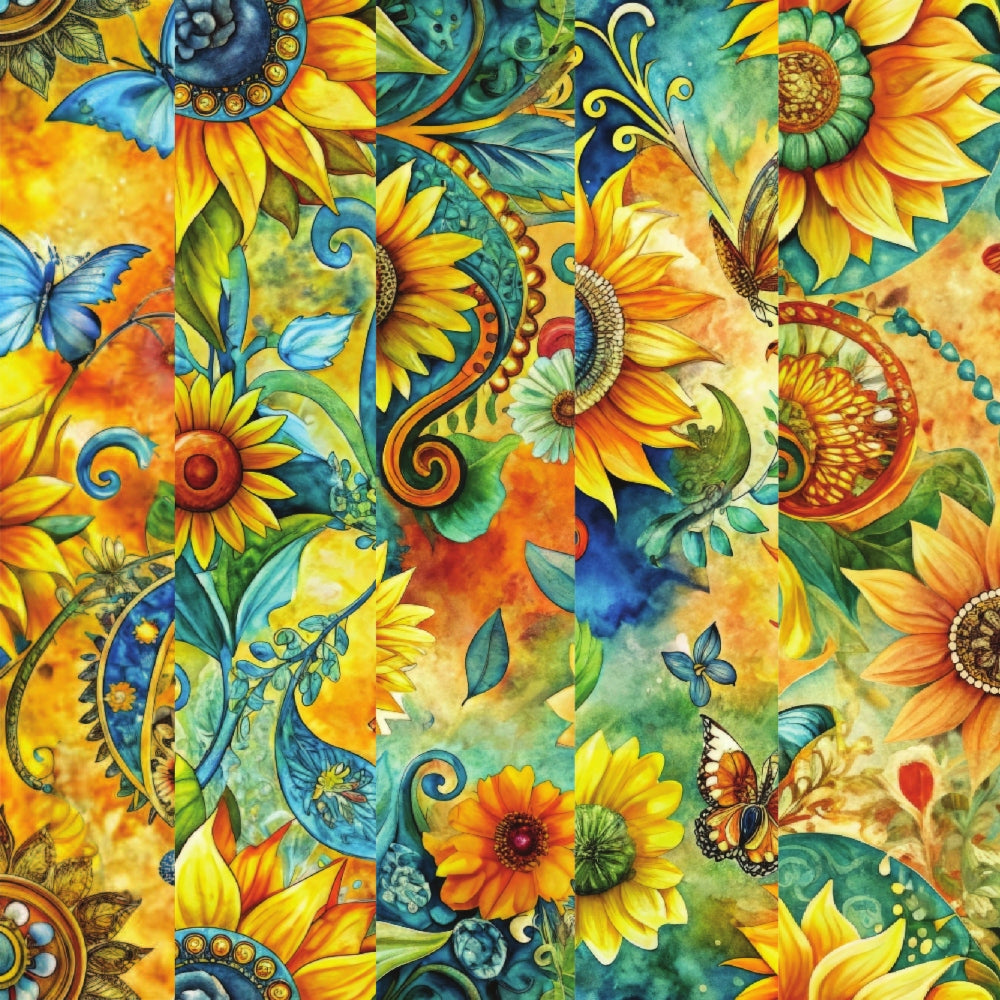 sunflower, butterfly, paisley, swirls, golden yellow, turquoise blue, orange, green, floral pattern, decorative motifs, quilting cotton, fabric panel, nature design, botanical elements, ornamental swirls, vibrant colors, summer theme, artistic florals, detailed pattern, whimsical design