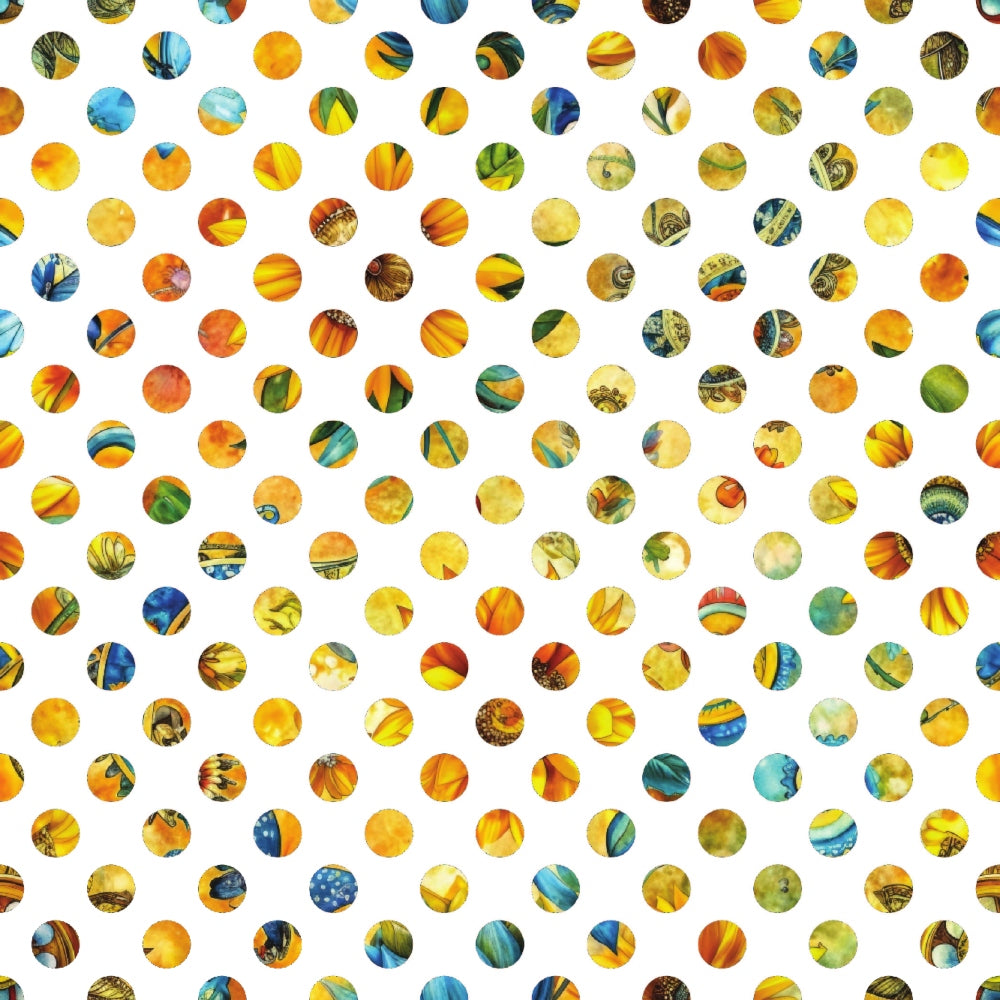 yellow, orange, blue, green, polka dots, circles, geometric pattern, sunflower colors,, fabric panel, bright colors, colorful dots, summer palette, cheerful design, warm tones, cool accents, repeating pattern, craft fabric, sewing material, vibrant hues