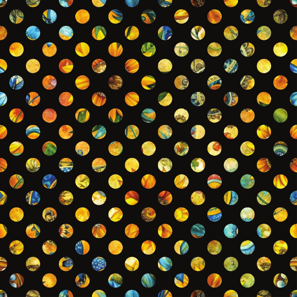 sunflower fields,, fabric panel, yellow circles, orange dots, blue accents, green hues, polka dot pattern, circular motifs, warm colors, floral inspired, geometric design, crafting material, autumn tones, golden yellow, vibrant pattern, repetitive circles, multicolored dots, nature themed, cheerful mood