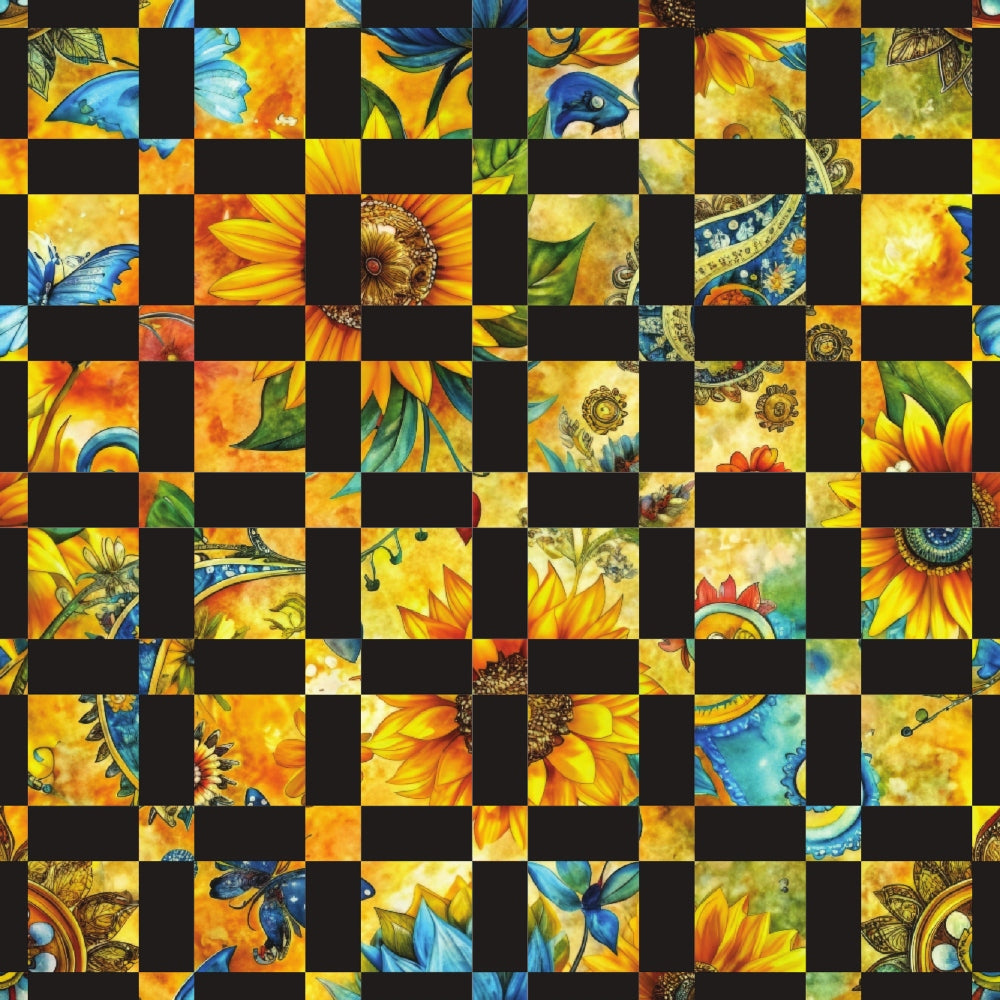 sunflower fields,, fabric panel, checkerboard pattern, golden yellow, bright orange, deep blue, emerald green, floral motifs, sunflower petals, botanical elements, nature inspired, vibrant colors, patchwork design, quilting squares, summer blooms, garden theme, warm tones, artistic florals, cotton fabric