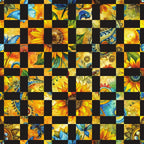 sunflower fields,, fabric panel, checkerboard pattern, golden yellow, bright orange, deep blue, emerald green, floral motifs, sunflower petals, botanical elements, nature inspired, vibrant colors, patchwork design, quilting squares, summer blooms, garden theme, warm tones, artistic florals, cotton fabric