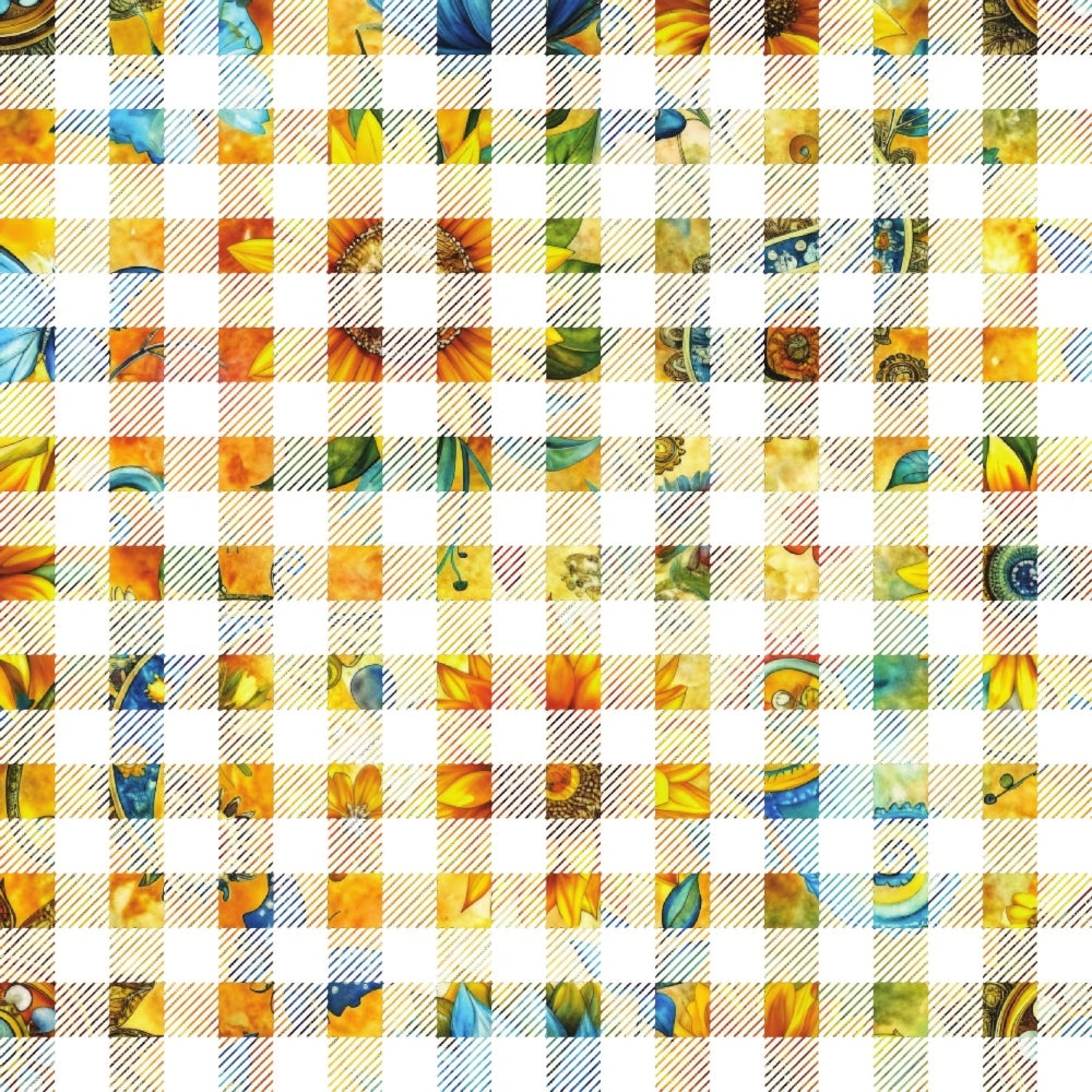 sunflower fields,, fabric panel, yellow petals, orange centers, blue sky, green leaves, floral motif, checkerboard pattern, geometric squares, nature themed, summer flowers, botanical design, patchwork style, vibrant colors, garden scenes, sunny disposition, country charm, quilting blocks, cotton fabric