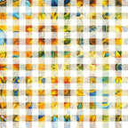 sunflower fields,, fabric panel, yellow petals, orange centers, blue sky, green leaves, floral motif, checkerboard pattern, geometric squares, nature themed, summer flowers, botanical design, patchwork style, vibrant colors, garden scenes, sunny disposition, country charm, quilting blocks, cotton fabric