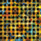 sunflower, yellow, orange, blue, black, checkered pattern, gingham, floral motifs, autumn colors,, fabric panel, nature design, botanical elements, bright colors, golden yellow, turquoise, decorative swirls, cheerful mood, fall theme, cotton fabric