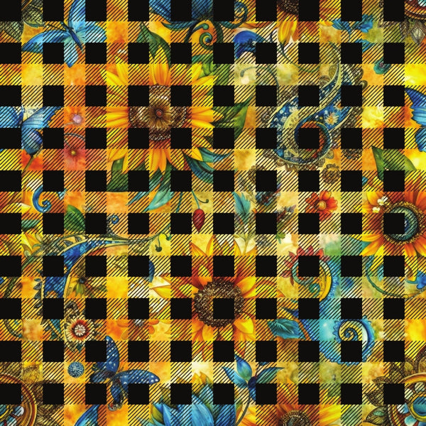 sunflower, yellow, orange, blue, black, checkered pattern, gingham, floral motifs, autumn colors,, fabric panel, nature design, botanical elements, bright colors, golden yellow, turquoise, decorative swirls, cheerful mood, fall theme, cotton fabric