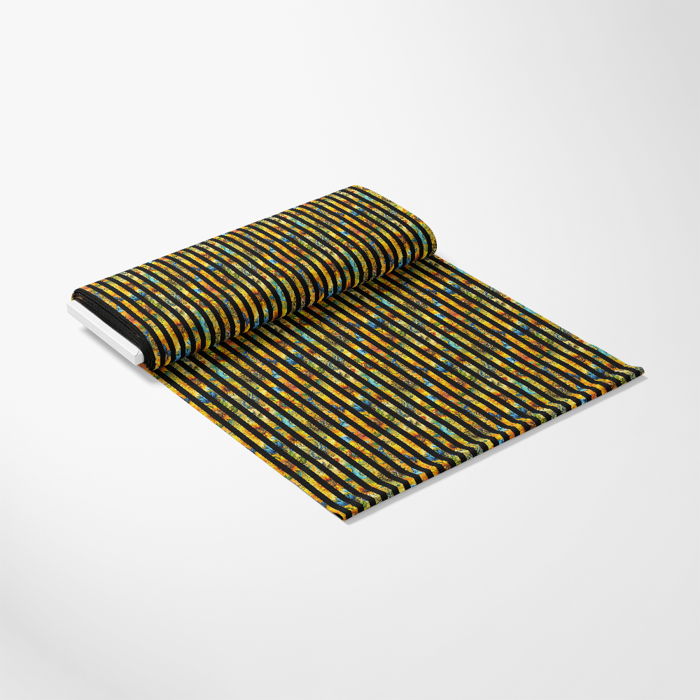 - Sunflower Fields Pattern 19 Quilting Cotton Fabric  
- Yellow sunflowers  
- Blue accents  
- Green leaves  
- Striped background  
- Floral design  
- Cotton textile  
- Quilting material  
- Multicolor fabric  
- Nature-inspired print