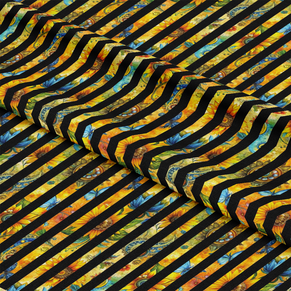 - Sunflower Fields Pattern 19 Quilting Cotton Fabric  
- Yellow sunflowers  
- Black diagonal stripes  
- Blue butterflies  
- Green leaves  
- Floral design  
- Quilting fabric  
- Cotton textile  
- Nature-inspired print  
- Vibrant colors  
- Garden theme fabric