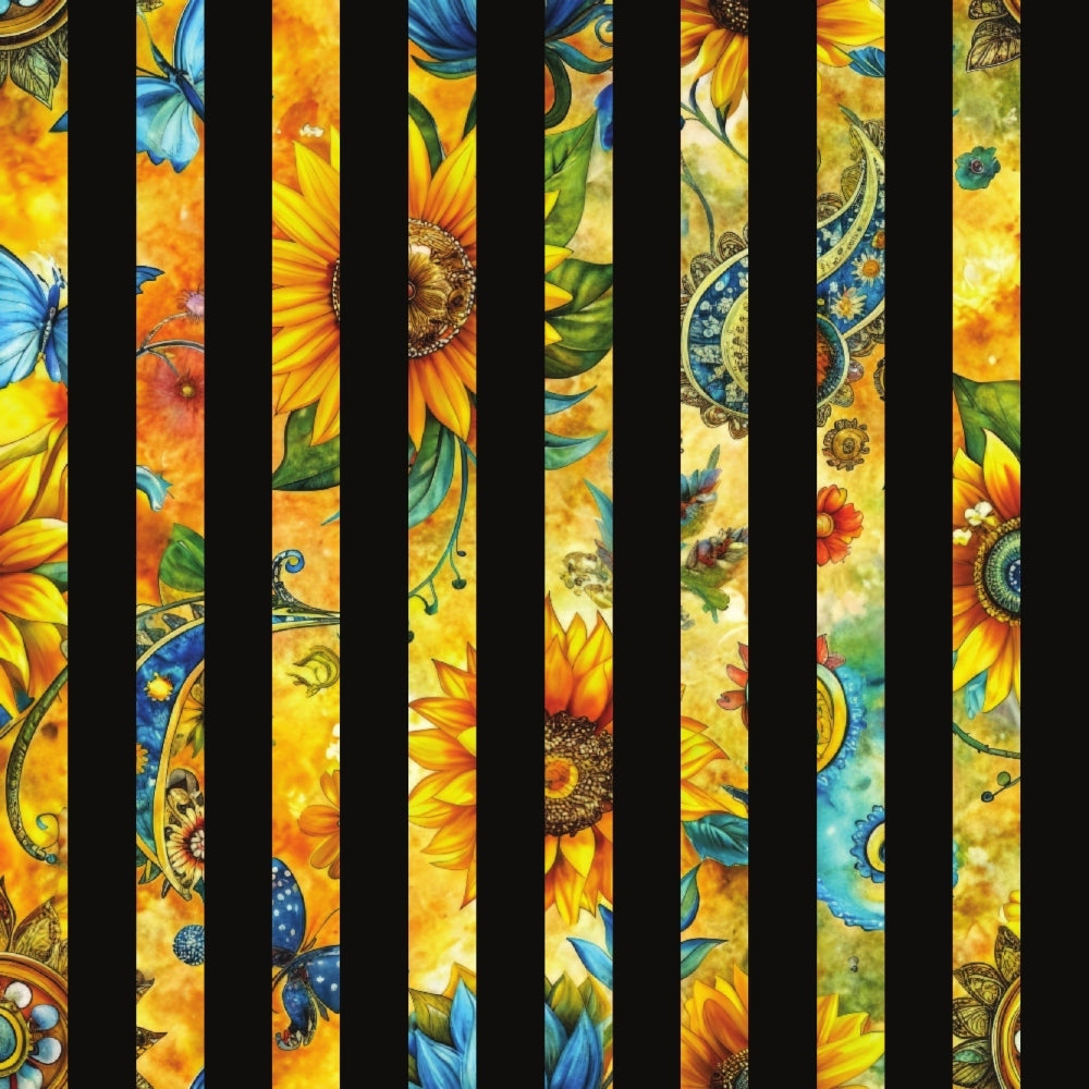 - Sunflower Fields Pattern 19 Quilting Cotton Fabric  
- yellow sunflowers  
- blue butterflies  
- floral design  
- quilting cotton  
- vibrant colors  
- nature-inspired  
- decorative fabric  
- craft textile  
- autumn hues  
- green leaves  
- artistic print