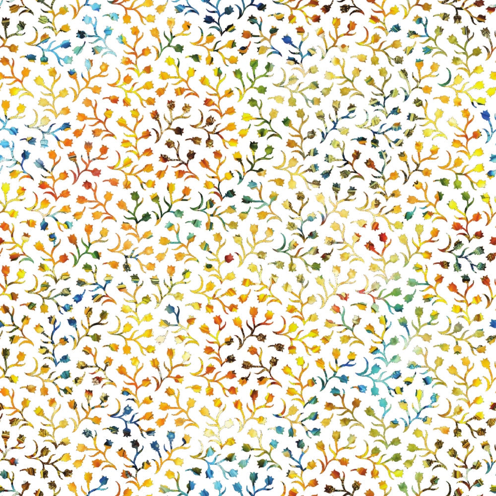 sunflower yellow, autumn orange, forest green, navy blue, teal, coral red, botanical vines, leafy branches, small flowers, scattered blooms, nature pattern, organic design, watercolor style, whimsical mood,, fabric panel, fall colors, spring garden, floral motifs, artistic painterly
