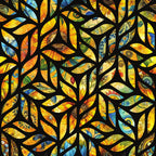 fabric panel, stained glass, leaf motifs, nature pattern, golden yellow, burnt orange, cobalt blue, emerald green, geometric design, botanical elements, autumn colors, mosaic style, artistic leaves, vibrant hues, fall foliage, decorative pattern, contemporary art, natural elements, flowing branches