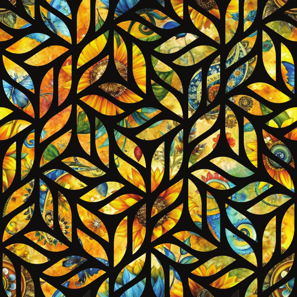 fabric panel, stained glass, leaf motifs, nature pattern, golden yellow, burnt orange, cobalt blue, emerald green, geometric design, botanical elements, autumn colors, mosaic style, artistic leaves, vibrant hues, fall foliage, decorative pattern, contemporary art, natural elements, flowing branches