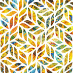 sunflower yellow, golden orange, teal blue, green accents, leaf shapes, geometric pattern, sunflower petals, nature motifs,, fabric panel, botanical design, warm tones, summer vibes, floral elements, abstract leaves, vibrant colors, overlapping shapes, organic forms, contemporary style, piecing fabric