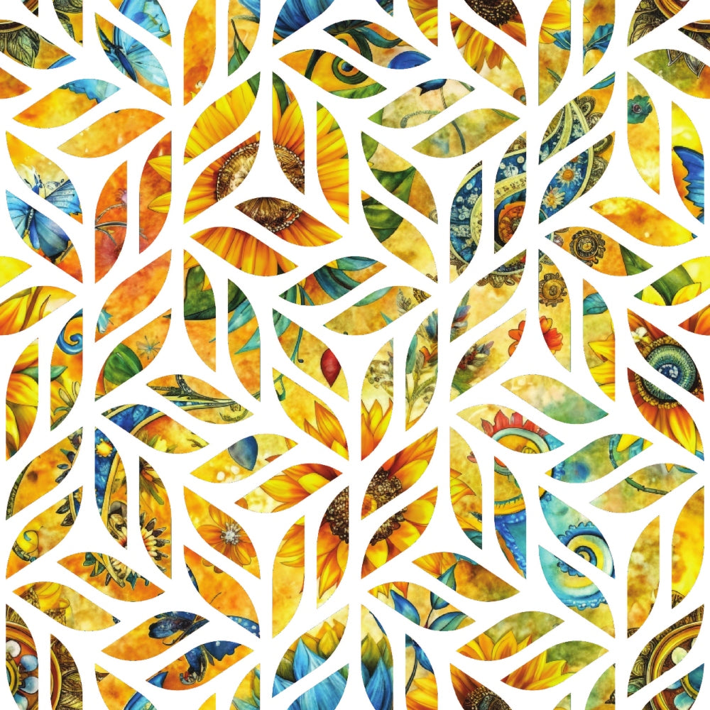 sunflower yellow, golden orange, teal blue, green accents, leaf shapes, geometric pattern, sunflower petals, nature motifs,, fabric panel, botanical design, warm tones, summer vibes, floral elements, abstract leaves, vibrant colors, overlapping shapes, organic forms, contemporary style, piecing fabric