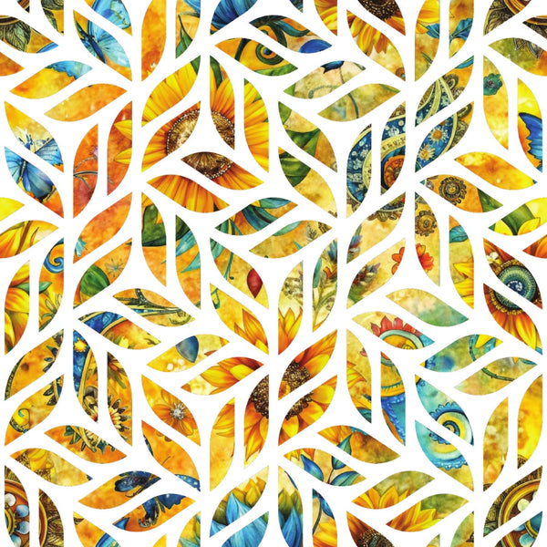 sunflower yellow, golden orange, teal blue, green accents, leaf shapes, geometric pattern, sunflower petals, nature motifs,, fabric panel, botanical design, warm tones, summer vibes, floral elements, abstract leaves, vibrant colors, overlapping shapes, organic forms, contemporary style, piecing fabric