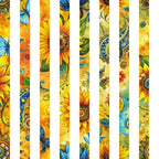 sunflower, golden yellow, orange, blue butterfly, paisley, floral pattern,, fabric panel, watercolor style, botanical design, summer theme, warm colors, decorative strips, nature motifs, artistic florals, vibrant hues, garden flowers, whimsical butterflies, flowing designs