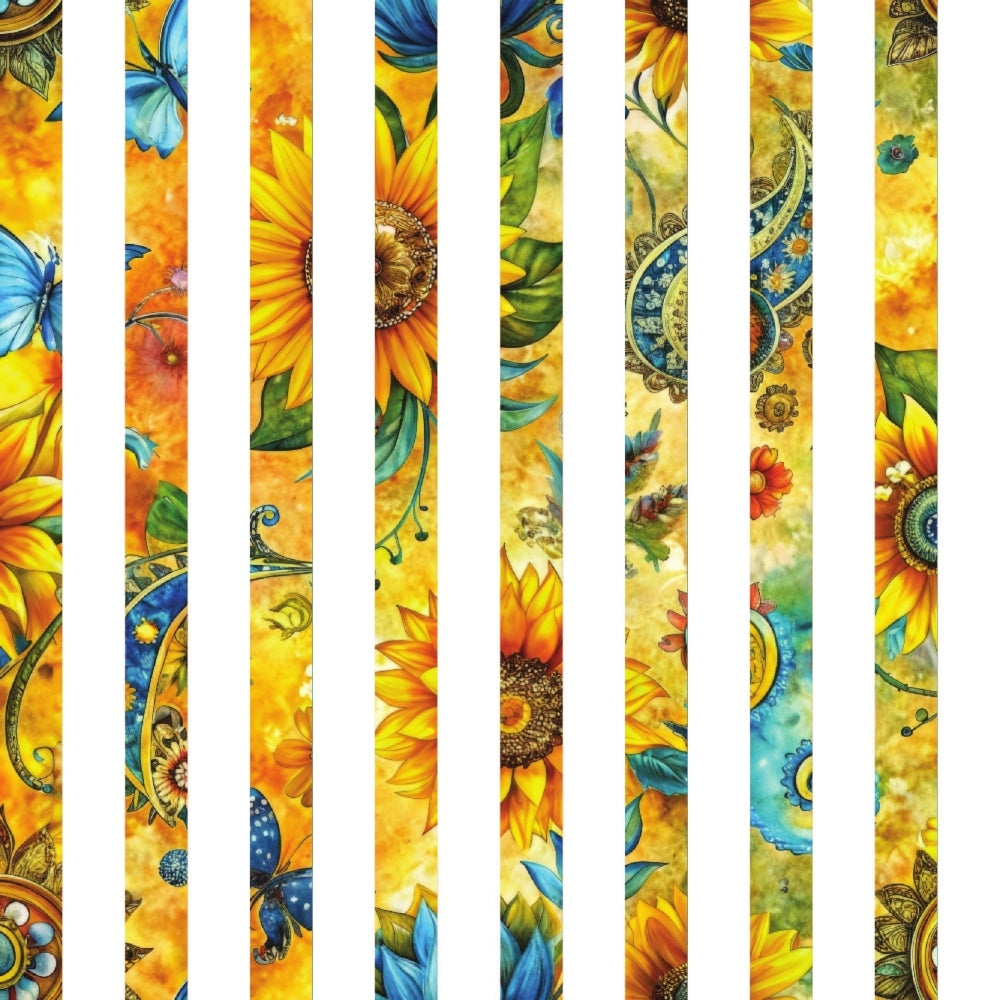 sunflower, golden yellow, orange, blue butterfly, paisley, floral pattern, quilting cotton, fabric panel, watercolor style, botanical design, summer theme, warm colors, decorative strips, nature motifs, artistic florals, vibrant hues, garden flowers, whimsical butterflies, flowing designs