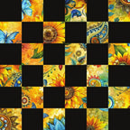 sunflower, butterfly, checkerboard pattern, yellow, orange, blue, green,, fabric panel, floral motifs, nature elements, paisley designs, geometric squares, bright colors, botanical art, decorative flowers, patchwork style, vibrant hues, garden theme, summer flowers