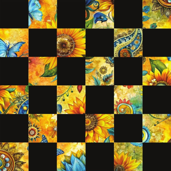 sunflower, butterfly, checkerboard pattern, yellow, orange, blue, green,, fabric panel, floral motifs, nature elements, paisley designs, geometric squares, bright colors, botanical art, decorative flowers, patchwork style, vibrant hues, garden theme, summer flowers
