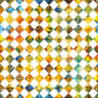 sunflower fields,, fabric panel, golden yellow, bright orange, teal blue, emerald green, diamond pattern, checkerboard layout, floral motifs, nature scenes, botanical designs, patchwork style, vibrant colors, summer theme, garden imagery, geometric arrangement, crafting fabric, sewing material, quilt blocks