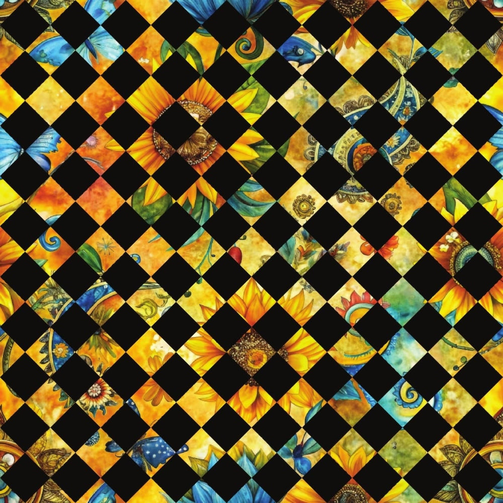 sunflower fields,, fabric panel, checkerboard pattern, black squares, yellow florals, orange blooms, blue accents, green foliage, geometric layout, floral motifs, nature scenes, botanical elements, patchwork design, vibrant colors, summer flowers, garden theme, diagonal arrangement, warm tones, pieced blocks