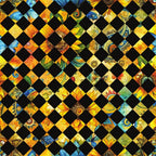 sunflower fields,, fabric panel, checkerboard pattern, black squares, yellow florals, orange blooms, blue accents, green foliage, geometric layout, floral motifs, nature scenes, botanical elements, patchwork design, vibrant colors, summer flowers, garden theme, diagonal arrangement, warm tones, pieced blocks