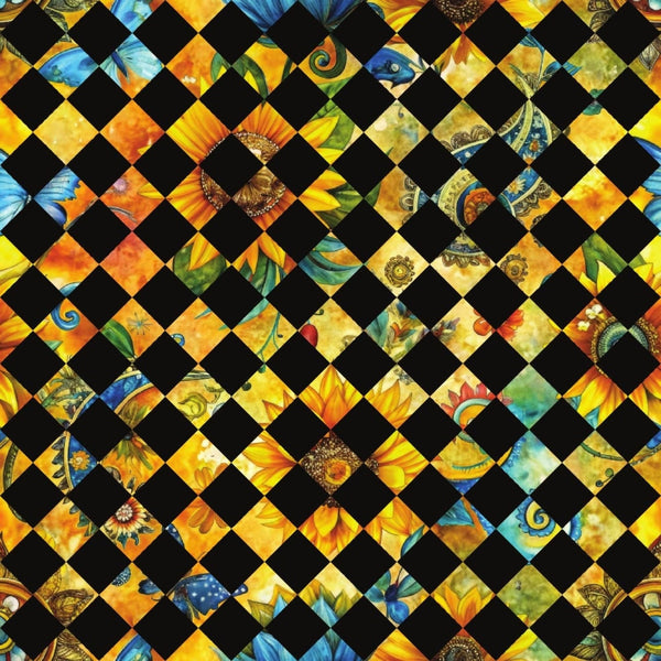 sunflower fields,, fabric panel, checkerboard pattern, black squares, yellow florals, orange blooms, blue accents, green foliage, geometric layout, floral motifs, nature scenes, botanical elements, patchwork design, vibrant colors, summer flowers, garden theme, diagonal arrangement, warm tones, pieced blocks