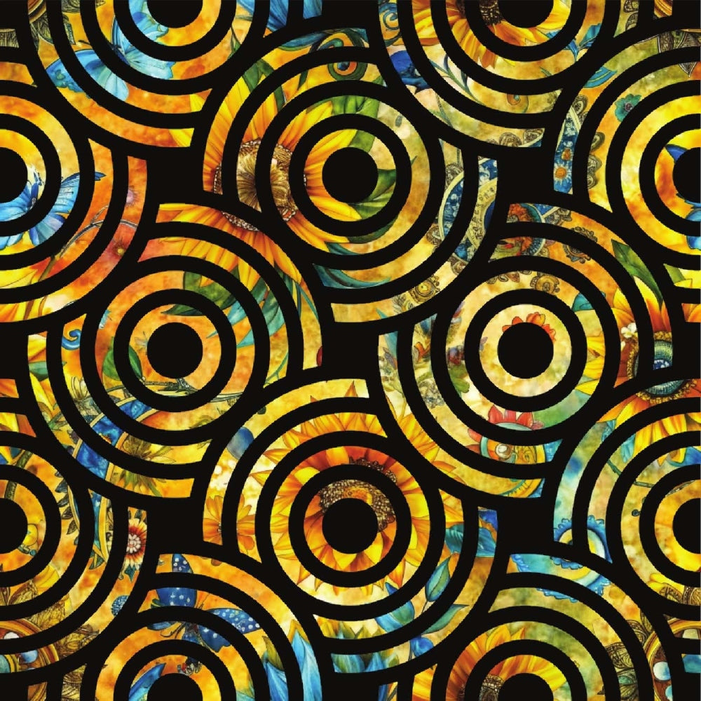 circular patterns, concentric circles, yellow, orange, blue, green, vibrant colors, geometric design, swirling motifs,, fabric panel, bright palette, abstract circles, warm tones, cool accents, radial design, contemporary style, modern geometric, spiraling rings, colorful rings