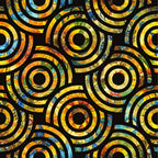 circular patterns, concentric circles, yellow, orange, blue, green, vibrant colors, geometric design, swirling motifs,, fabric panel, bright palette, abstract circles, warm tones, cool accents, radial design, contemporary style, modern geometric, spiraling rings, colorful rings