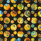 sunflower fields,, fabric panel, golden yellow, bright orange, turquoise blue, emerald green, black background, circular motifs, floral patterns, sunflower petals, botanical designs, nature inspired, vibrant colors, summer themes, geometric circles, mixed patterns, cheerful mood, craft fabric, patchwork elements