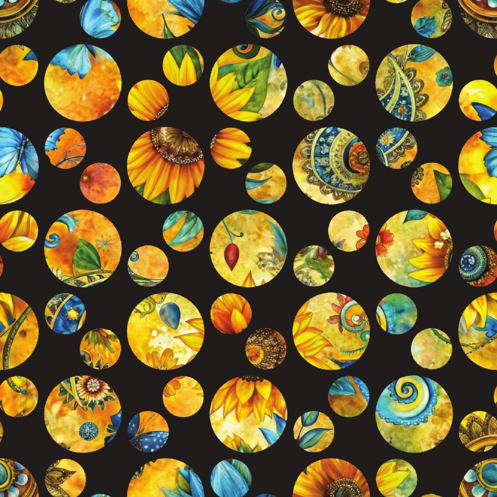 sunflower fields,, fabric panel, golden yellow, bright orange, turquoise blue, emerald green, black background, circular motifs, floral patterns, sunflower petals, botanical designs, nature inspired, vibrant colors, summer themes, geometric circles, mixed patterns, cheerful mood, craft fabric, patchwork elements