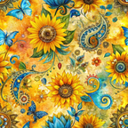 sunflower fields,, fabric panel, golden yellow, vibrant orange, turquoise blue, paisley motifs, butterflies, sunflowers, floral pattern, nature design, bohemian style, decorative swirls, summer theme, botanical elements, warm colors, intricate details, seamless repeat, crafting fabric, patchwork material