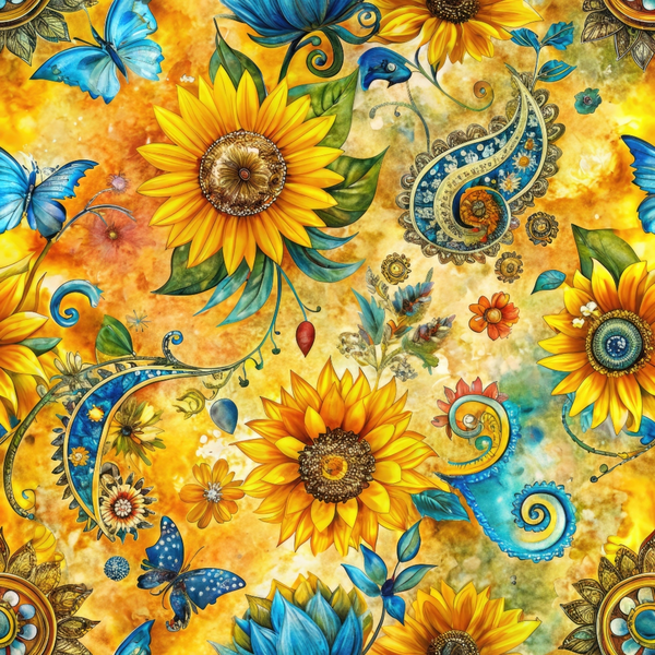 sunflower fields,, fabric panel, golden yellow, vibrant orange, turquoise blue, paisley motifs, butterflies, sunflowers, floral pattern, nature design, bohemian style, decorative swirls, summer theme, botanical elements, warm colors, intricate details, seamless repeat, crafting fabric, patchwork material