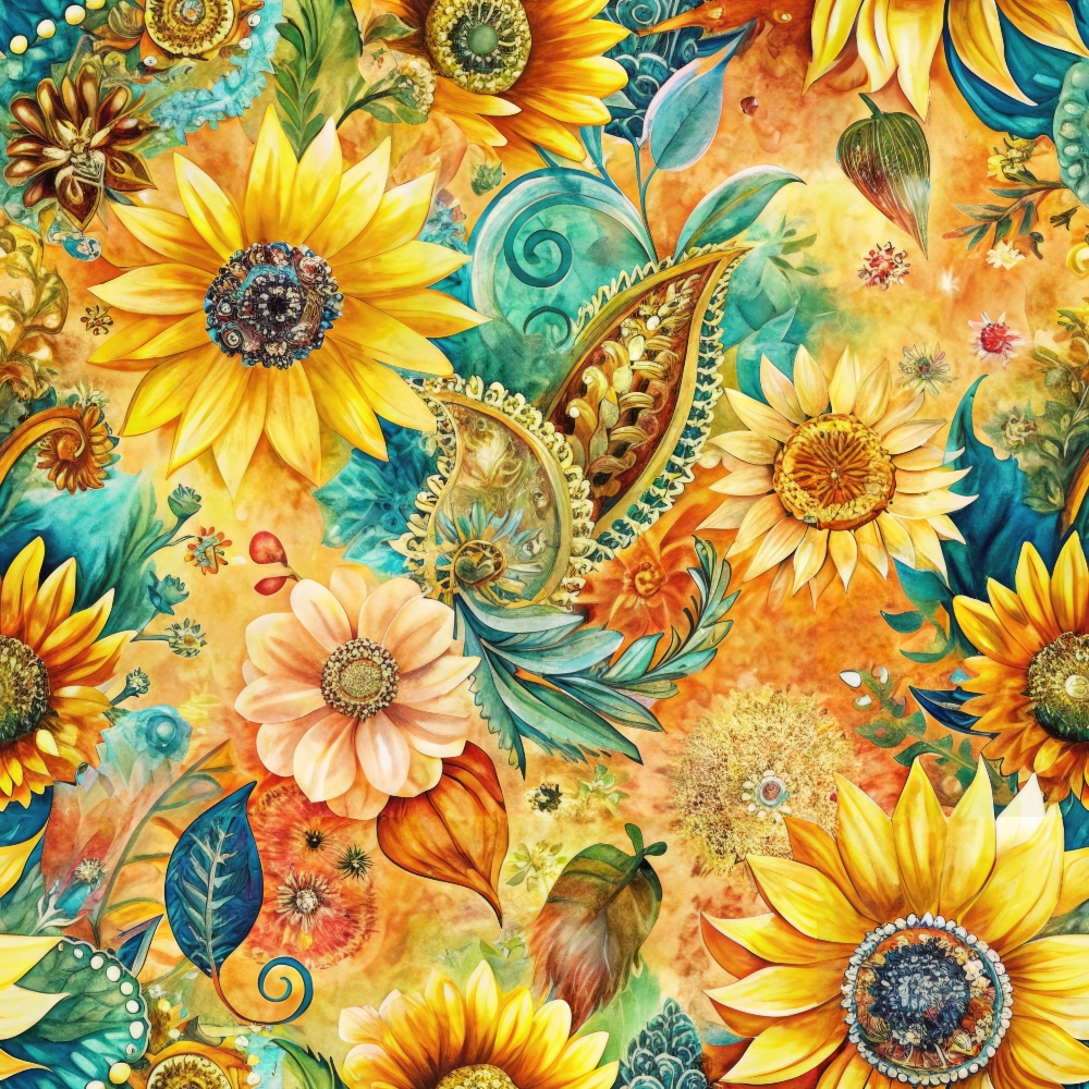A vibrant floral pattern featuring sunflowers, paisley designs, and assorted leaves on a warm, colorful background.