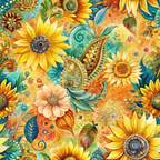 A vibrant floral pattern featuring sunflowers, paisley designs, and assorted leaves on a warm, colorful background.