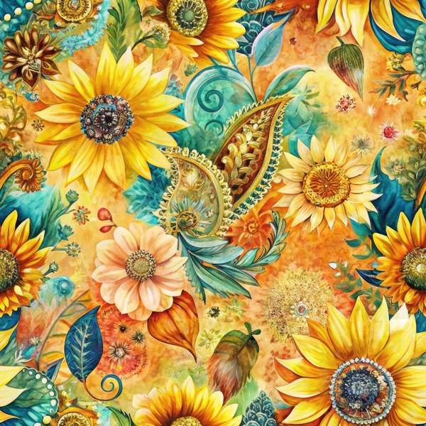 A vibrant floral pattern featuring sunflowers, paisley designs, and assorted leaves on a warm, colorful background.