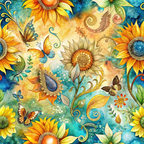 Vibrant illustration of sunflowers, butterflies, and swirling patterns in a colorful, abstract background.
