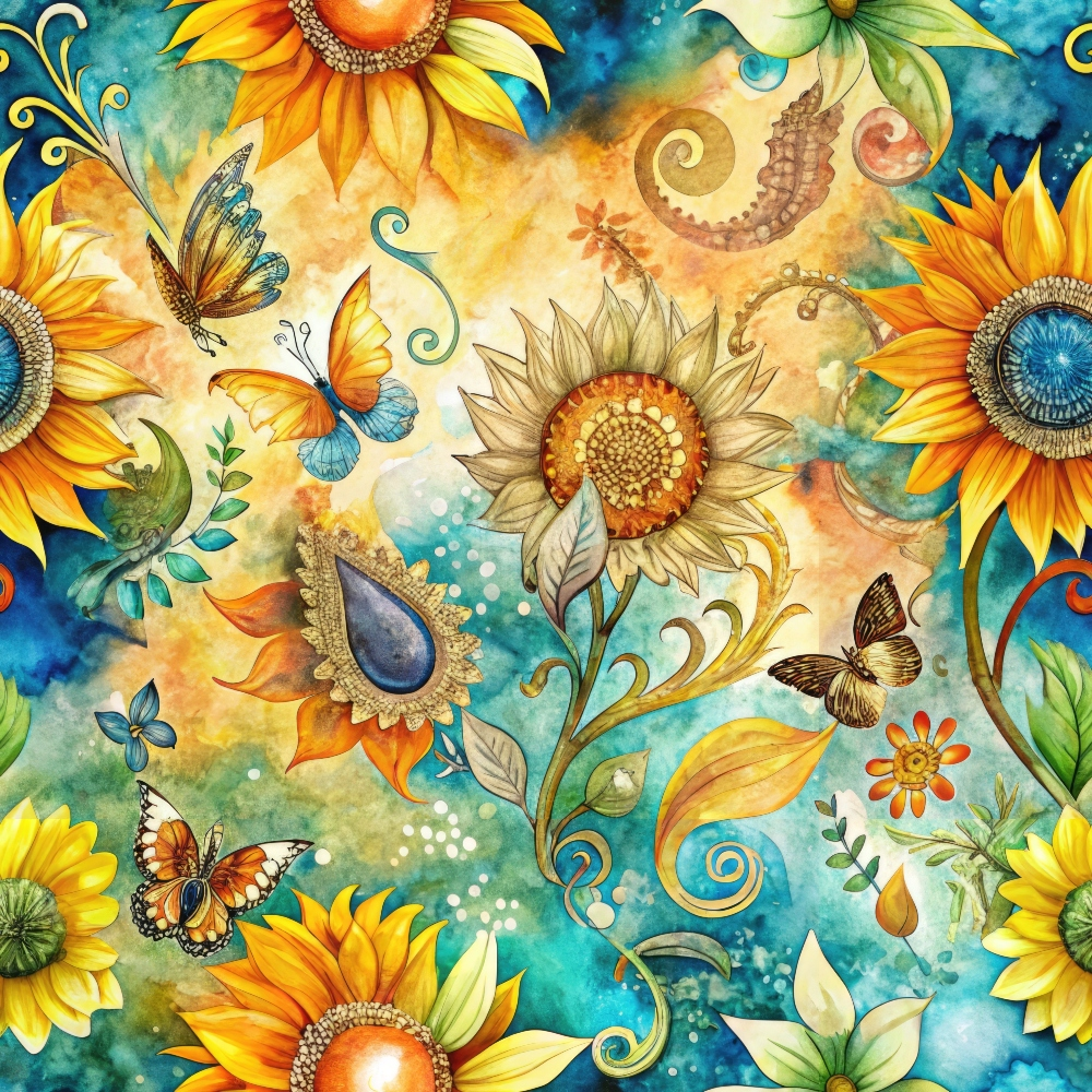 Vibrant illustration of sunflowers, butterflies, and swirling patterns in a colorful, abstract background.