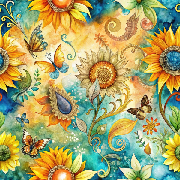 Vibrant illustration of sunflowers, butterflies, and swirling patterns in a colorful, abstract background.