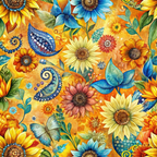 A vibrant floral pattern featuring sunflowers, daisies, paisley designs, and a butterfly on an orange background. Blue and green leaves are interspersed throughout.