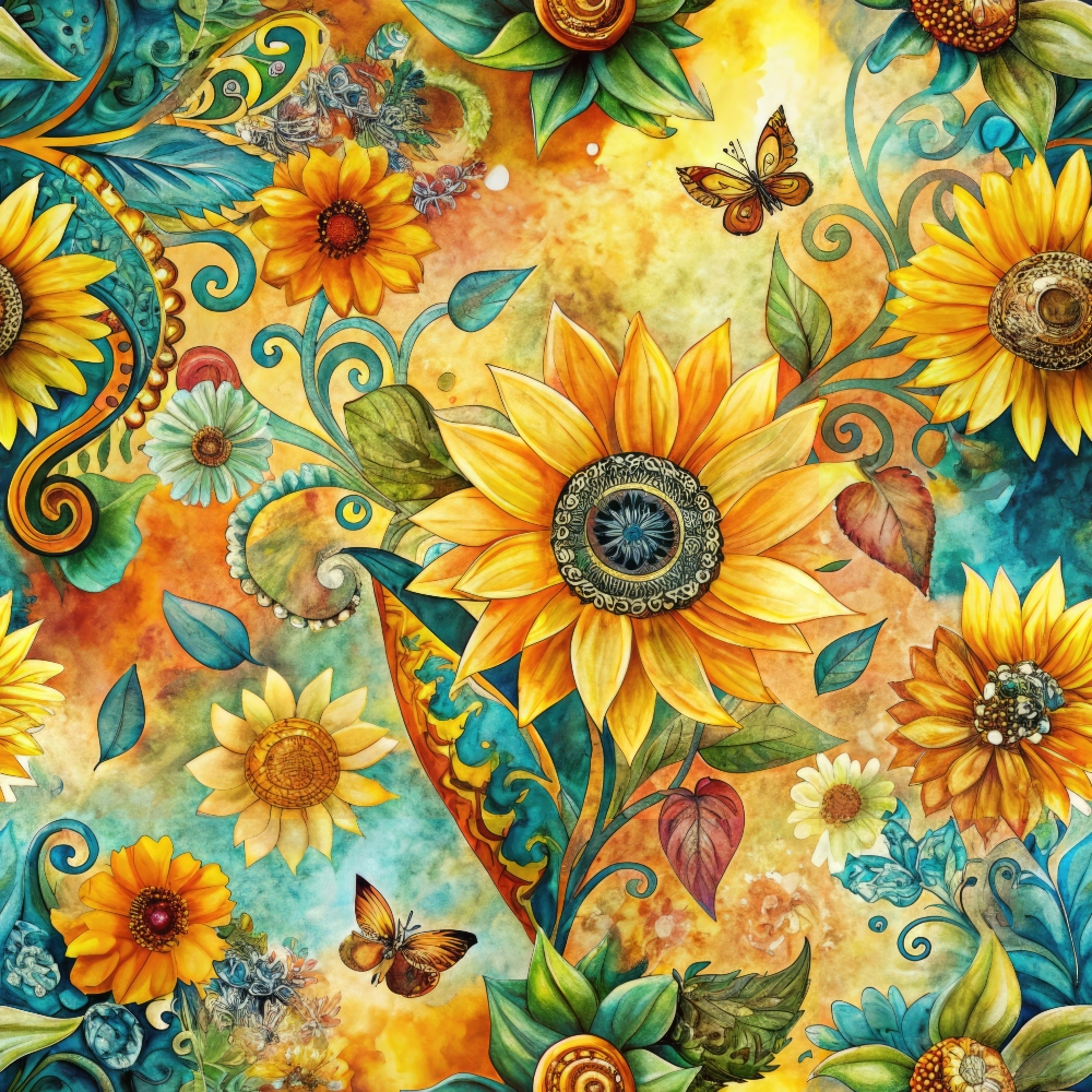 A vibrant pattern featuring large sunflowers, butterflies, and swirling leaves in shades of yellow, orange, green, and blue.
