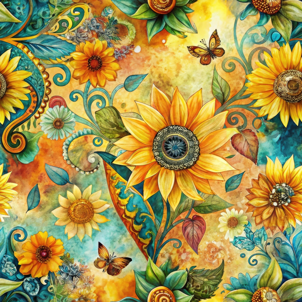 A vibrant pattern featuring large sunflowers, butterflies, and swirling leaves in shades of yellow, orange, green, and blue.