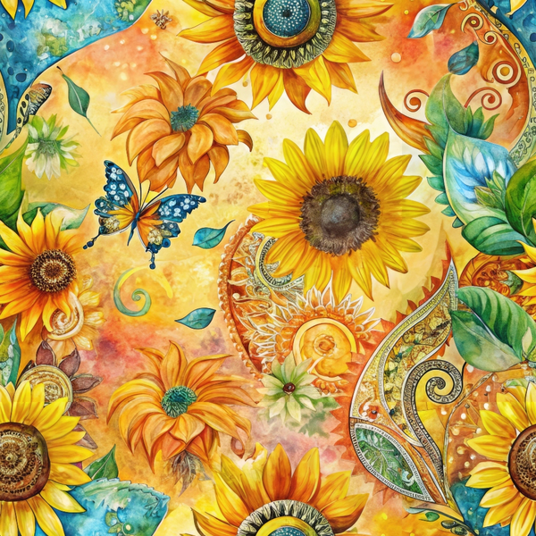 Colorful illustration of sunflowers, leaves, a butterfly, and abstract swirls set against a warm, sunny background.