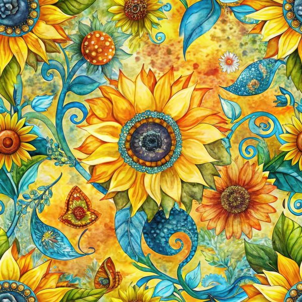 Colorful floral pattern featuring sunflowers, blue leaves, and abstract shapes on a vibrant yellow background.