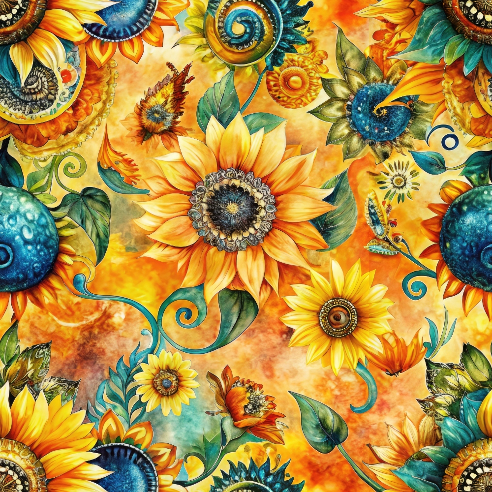 Colorful abstract artwork featuring sunflowers, spirals, and leaves against a vibrant orange and yellow background.