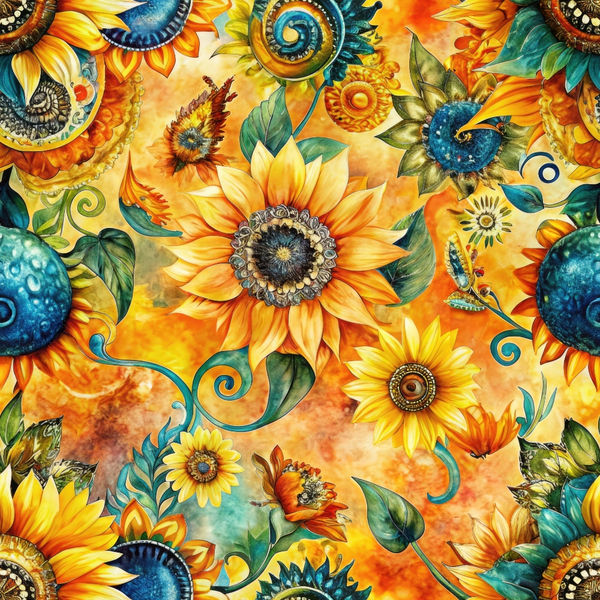 Colorful abstract artwork featuring sunflowers, spirals, and leaves against a vibrant orange and yellow background.