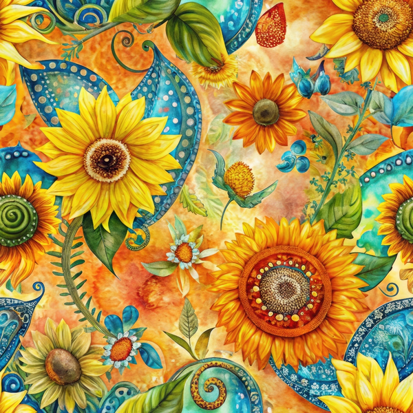 Colorful illustration featuring sunflowers, daisies, and swirling paisley patterns on a vibrant, textured background.