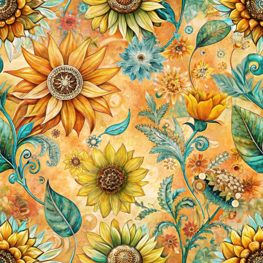 Colorful floral illustration featuring large sunflowers and various smaller flowers and leaves on an orange background.