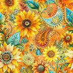 Colorful floral pattern with sunflowers, paisley shapes, and leaves in orange, yellow, and teal hues.
