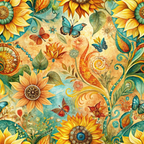 Colorful illustration featuring sunflowers, butterflies, and leaves in a vibrant, swirling pattern with a warm color palette.